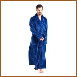 Men's Plush Fleece Long Robe Big Tall Full Length Bathrobe Shawl Collar